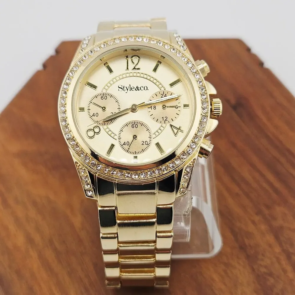 Style & Co Women's Gold Tone Multi Dial Wrist Watch Crystal Bezel Glitz Elevated